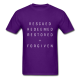 Rescued Redeemed Restored + Forgiven T-Shirt - purple