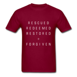 Rescued Redeemed Restored + Forgiven T-Shirt - burgundy